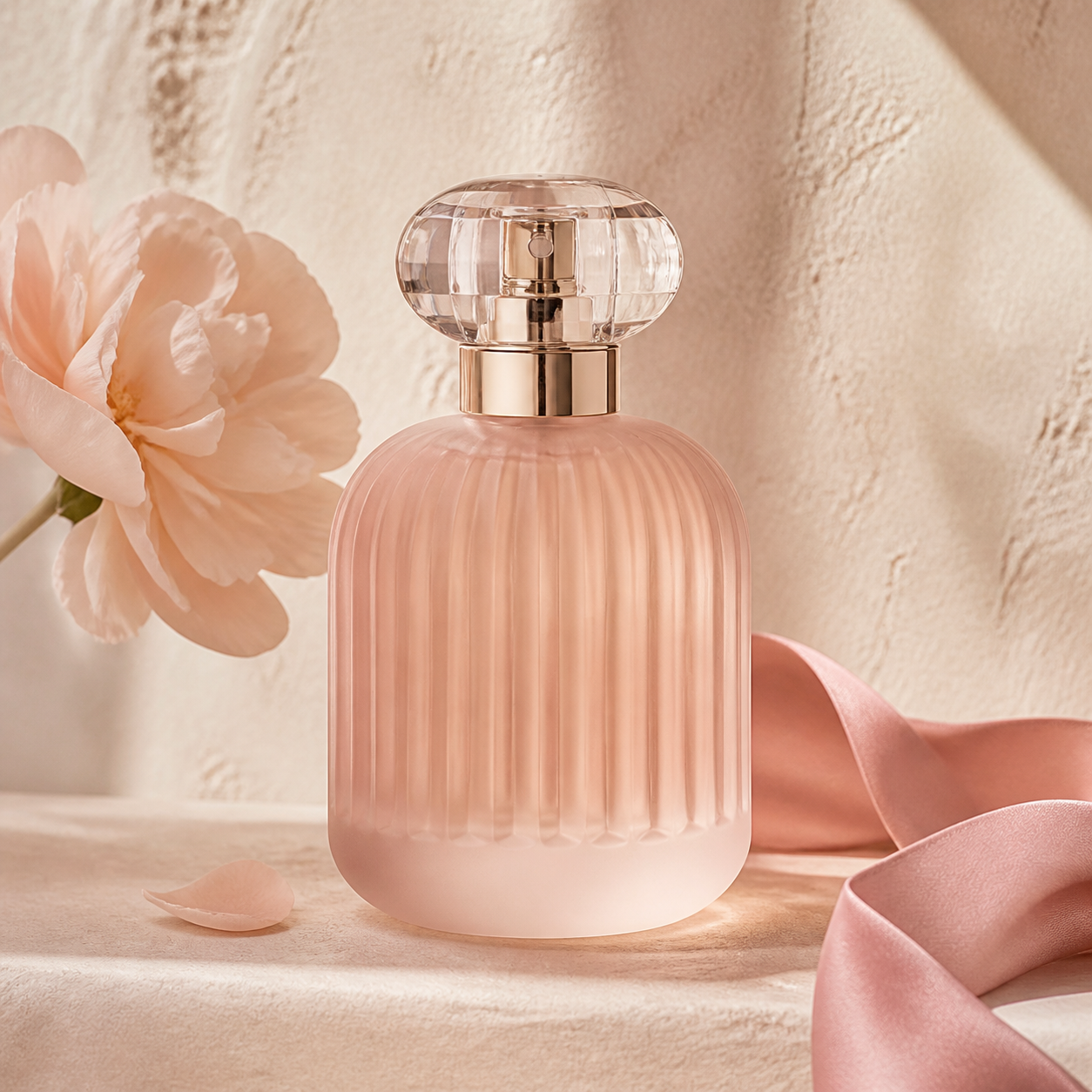 Perfume feminino em tons rosados